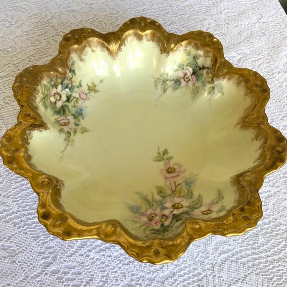 Vintage Hand Painted Scalloped Bowl - The Artist Signed, Versailles, Pink Flower